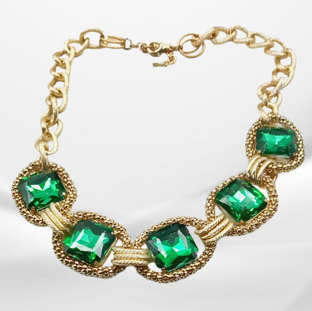 Statement Gold Tone Necklace with Green Rhinestones